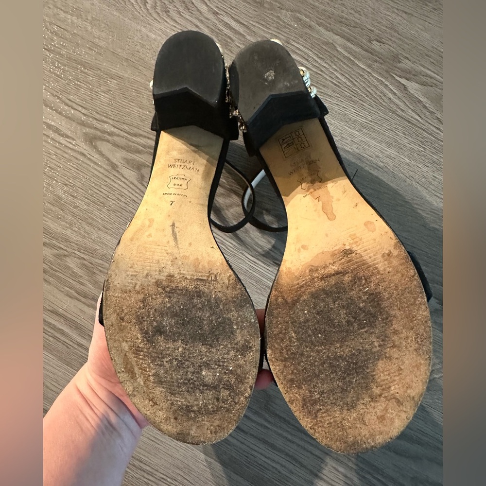 Stuart Weitzman nearlynude nudist more pearls chunky heel black suede 7 - Picture 9 of 12